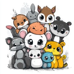 Naklejka premium Adorable Group of Cartoon Forest Animals Huddled Together