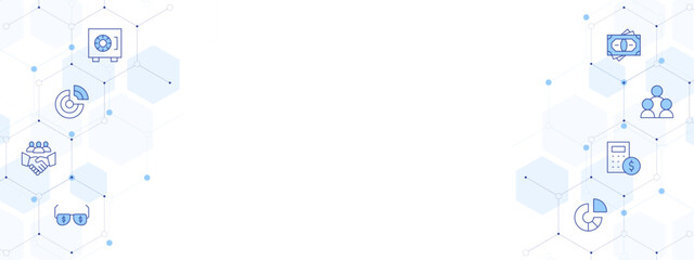 Business Banner Vector Illustration with Two-sided Icon Style. Line Duotone icon. Containing glasses, pie chart, calculator, networking, handshake, safebox, money