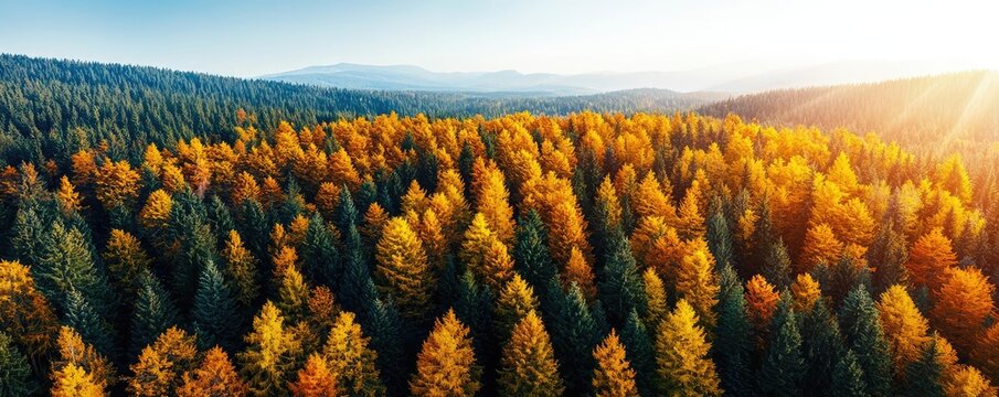 Aerial View forest idea. Breathtaking autumn forest landscape with vibrant golden trees and peaceful mountain backdrop.