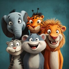 Five Happy Cartoon Animals Together Smiling