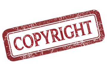 A weathered red stamp featuring the word COPYRIGHT with a bold, vintage style, showcasing protection and ownership rights, isolated on a transparent background