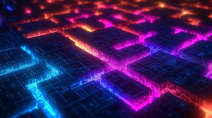 Fototapeta premium A 3D-rendered maze of AI and deep learning pathways glowing in neon colors, with interconnected nodes representing computer networks and analytics