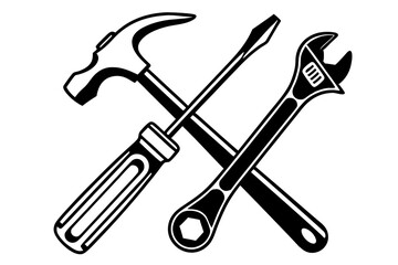 Crossed tools including a hammer, screwdriver, and wrench depicted in clean lines, symbolizing versatility and practical craftsmanship, isolated on a transparent background