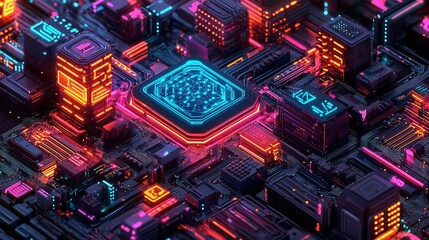 Fototapeta premium A neon-lit digital marketing maze surrounded by futuristic AI elements, including holographic neural networks and glowing computer network cables