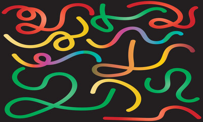 Abstract Gradient Lines Set. Wavy Color Shape. Dynamic Geometric Pattern. Vector Illustration of Squiggle Rainbow Ribbons.  isolated on black background. EPS 10