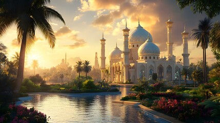 luxurious and magnificent mosque building, with a large and beautiful garden, with a beautiful view of the sunset in the afternoon