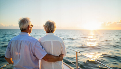Older adults on wellness retreat Copy space fit elderly couple relaxing outdoors happy aging couple retired couple enjoying sunset