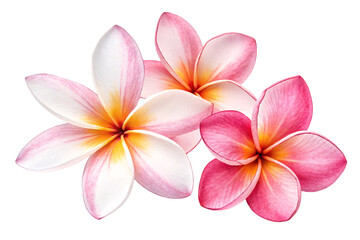 Vibrant pink, white, and yellow plumeria flowers arranged beautifully, radiating freshness and tropical vibes, isolated on a transparent background