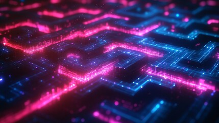 A vibrant neon maze depicting AI-enhanced marketing strategies, with pathways branching into deep learning algorithms and glowing network hubs