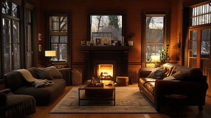 Cozy Cabin Evening: A Warm and Inviting Living Room Scene