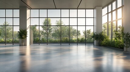 Fototapeta premium Modern Office Space with Expansive Windows and Lush Greenery