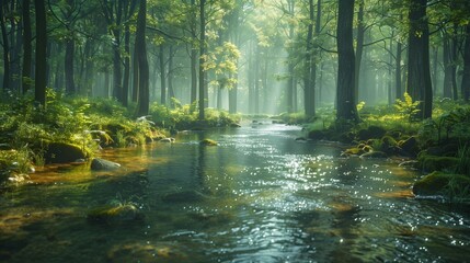 Tranquil river winding through a forest, its gentle flow captured in high definition