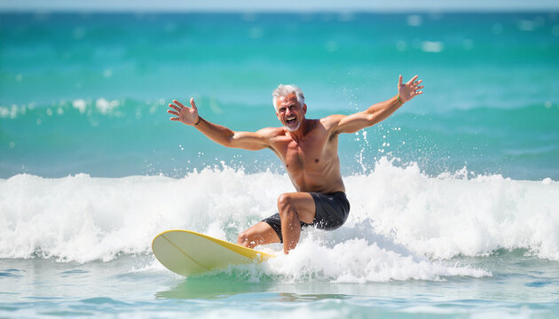 Seniors learning to surf Copy space Elderly man surfing on a wave at sunny beach