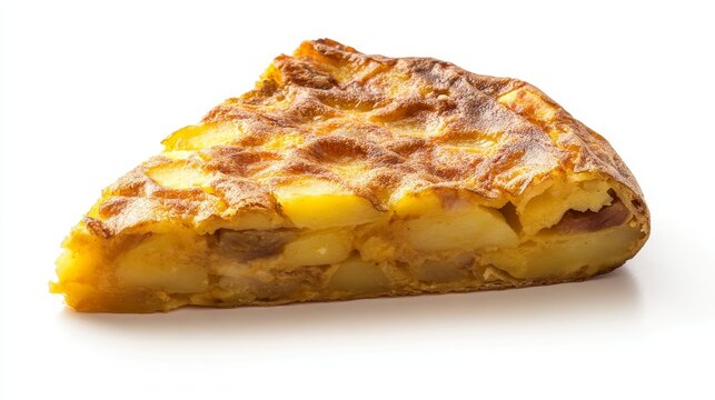Homemade Spanish tortilla featuring a delicious pincho de tortilla made with potatoes and eggs. This Spanish tortilla is presented in an isolated setting on a clean white background.