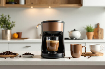 mocha mousse coffee maker on kitchen counter, surrounded by cups and beans. aromatic beverage in cozy home minimalistic interior