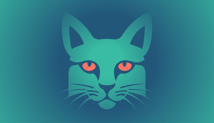 Abstract cat face illustration with vibrant colors. Minimalist illustration of featuring bold geometric shapes and vibrant green and orange hues on a gradient background.