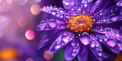 Obraz premium Vibrant violet Aster flowerheads adorned with sparkling dew water drops create a stunning display. The beauty of violet Aster flowers shines through with their shimmering dewdrops.