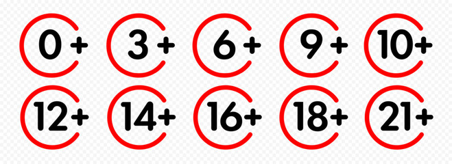 Age limit sign set for adults content only age restriction 0, 3, 6, 9, 10, 12, 14, 16, 18, 21 plus years old icon vector 10 eps