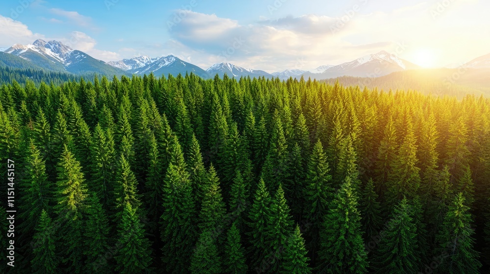 Poster aerial view forest idea. aerial view of lush green forest with mountains and sunlight creating a ser