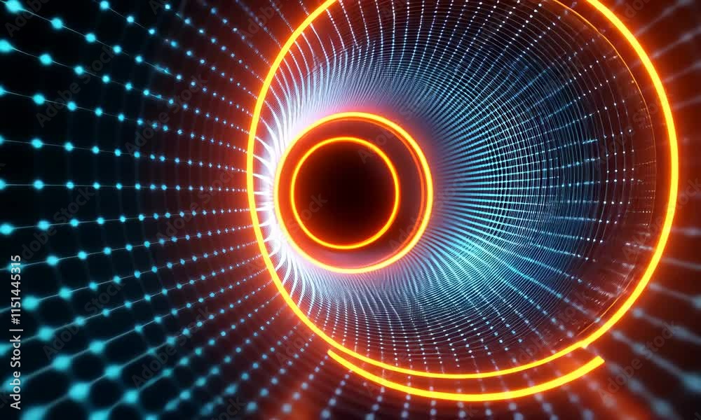 Poster a mesmerizing digital tunnel with glowing orange and blue lines creating a vortex effect. the backgr