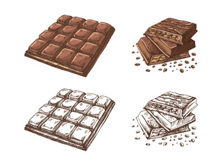 Hand-drawn chocolate bar colored and monochrome illustrations in vintage sketch style