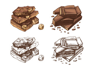 Hand-drawn chocolate stack colored and monochrome illustrations in rustic vintage artistic style