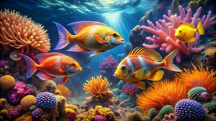 Colorful Coral Reef with Tropical Fish in Ocean Scene