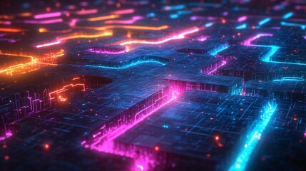 A vibrant neon labyrinth representing AI-enhanced marketing strategies, with glowing pathways leading to interconnected deep learning nodes