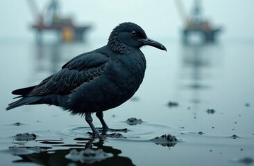 Black bird standing in an oil-covered wetland with blurred industrial background