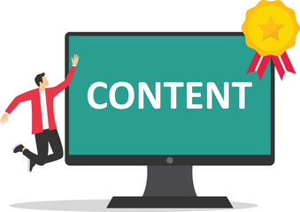 Businessman standing with computer with the word content wearing crown. Content strategy for advertising and marketing, customer engagement. brand communication social media.

