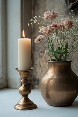 A classic brass candlestick holder with intricate detailing, placed on a plain white surface,
