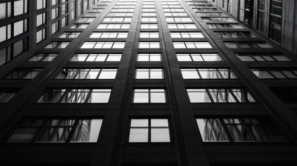 Architectural marvel: A skyscraper's upward gaze, captured in monochrome, showcases the building's imposing structure and the reflection in its numerous windows.