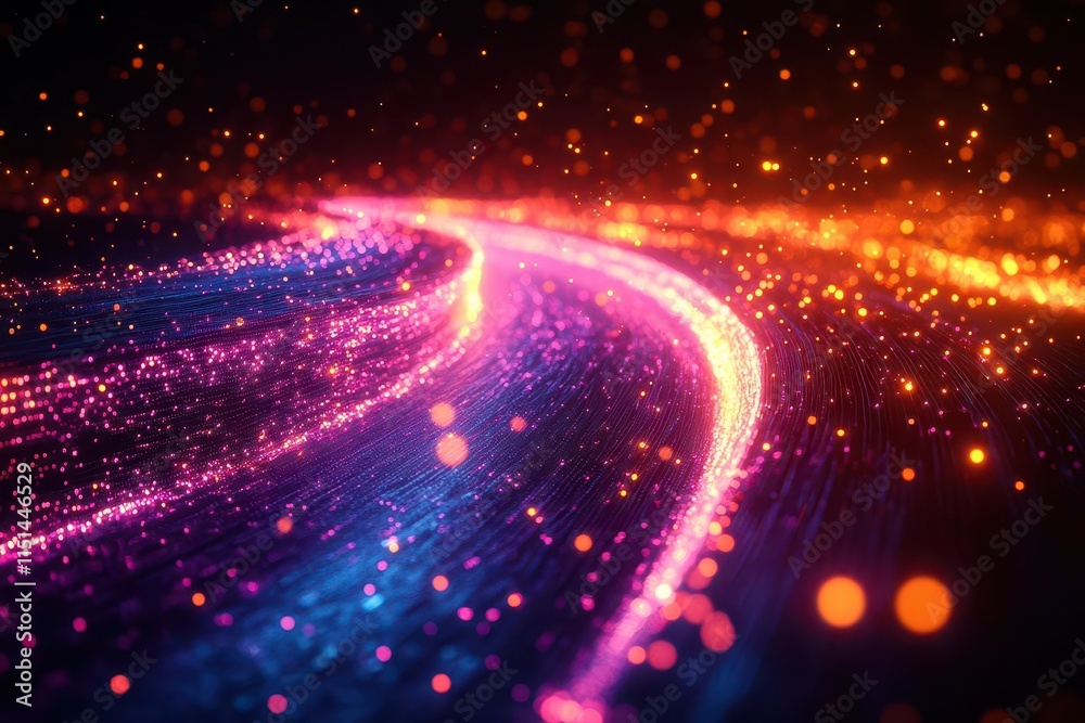 Wall mural vibrant neon fiber optic lines weaving through darkness, creating a mesmerizing abstract texture tha