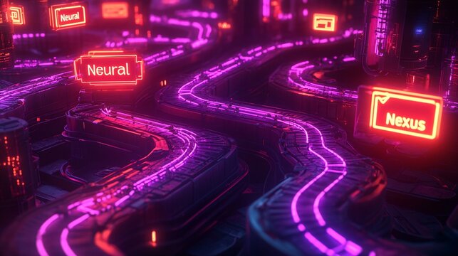 A surreal digital marketing maze in vibrant orange and purple neon lights, with deep learning nodes floating above and the phrase "Neural Nexus" embedded in the paths