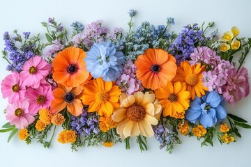 vibrant spring flower arrangement set against a clean white background, showcasing colorful blossoms in a delightful bouquet, celebrating the beauty of nature and the joy of floral design