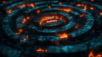 A neon-lit labyrinth with glowing orange and turquoise paths, symbolizing AI-driven marketing with the phrase "Circuit Awakens" engraved into the design