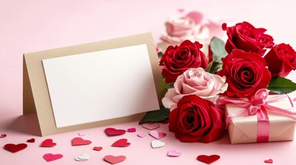 Closeup of Blank Card with Red and Pink Roses on Pink Background