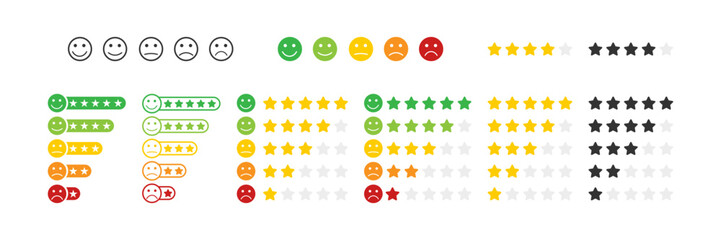 Set of Rating Vector Icons representing different levels of satisfaction: smiley faces, stars arranged in ascending order
