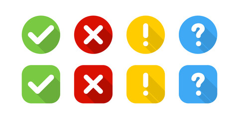 Sign or Symbol Vector Icons. Check mark, Question mark, Caution and Cross
