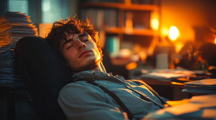 Obraz premium A tired employee leaning back in an office chair, eyes closed, with a stack of unfinished paperwork on the desk,