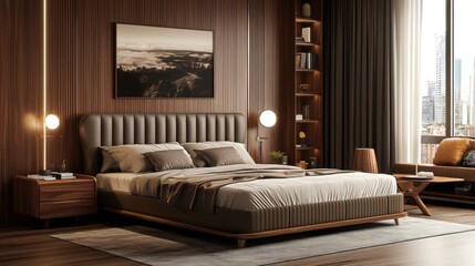 Fototapeta premium Stunning Modern Bedroom Design with Wooden Furniture and City View
