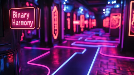 Obraz premium A vibrant neon labyrinth of interconnected red and violet pathways, featuring glowing signs labeled 