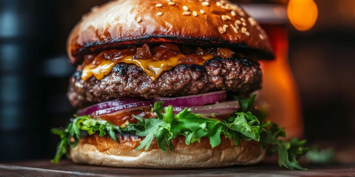 Close up of a double smash burger featuring caramelized onion, highlighting the delicious layers and textures of this mouthwatering double smash burger. Indulge in the flavors of this double smash