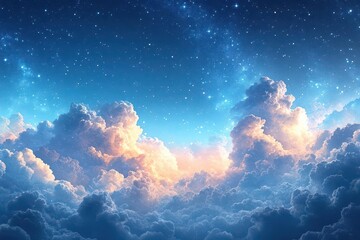 watercolor pattern showcases fluffy clouds in various shades of blue, interspersed with shimmering stars and constellations, evoking a dreamy and ethereal atmosphere