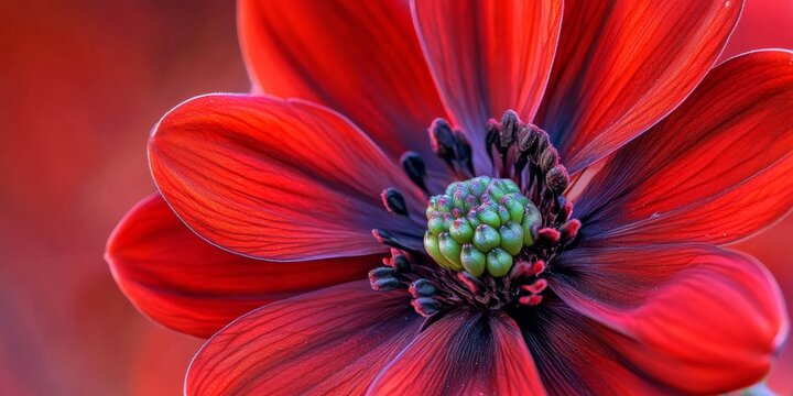 Vibrant red flower showcasing striking petals, featuring a unique green fruit seed at its base, highlighting the beauty of nature s red flower and its intriguing growth process.
