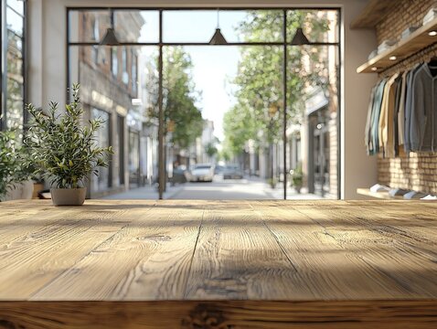 Fototapeta Empty wooden table with blurred background of clothing store interior with large windows and street view. Perfect for product placement or advertising.