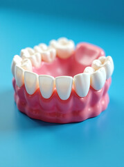 Obraz premium A detailed view of dentures on a blue background highlighting dental care, dentist clinic advertisement with copy space new image