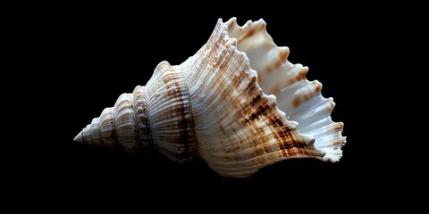Isolated seashell displayed on a black background, highlighting the intricate details of the seashell s texture and shape, perfect for showcasing the beauty of a seashell in artistic contexts.