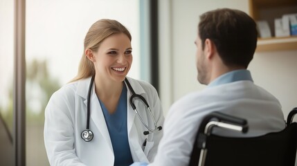 Fototapeta premium Smiling doctor looking at a patient on a wheelchair