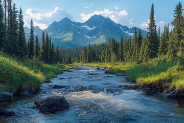 Obraz premium wild river rushing through mountainous terrain, with submerged trees and jagged rocks creating a dramatic scene of nature's power and beauty, showcasing wilderness and adventure